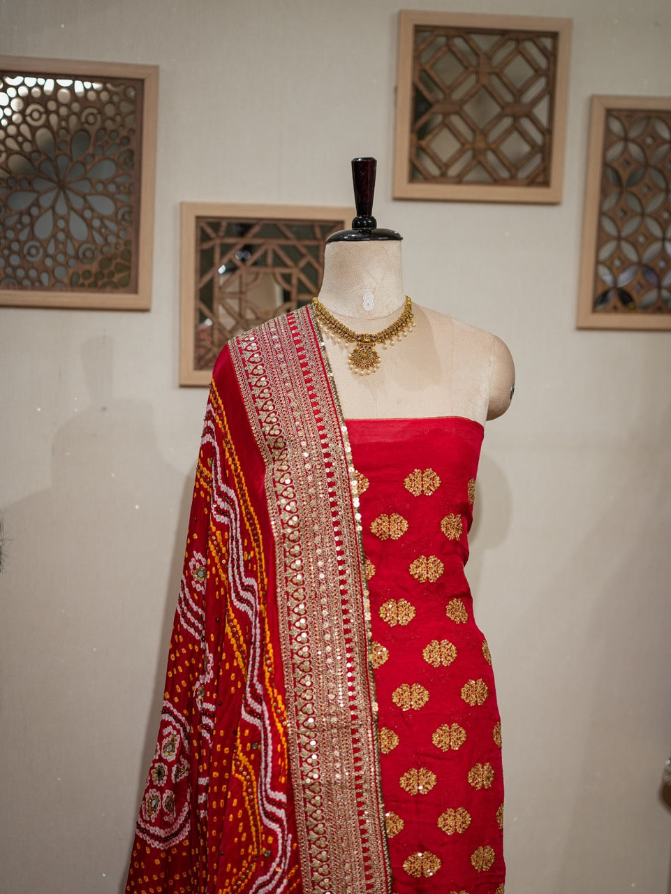 Kareena: Red Uppada Silk Top with Pure Gajji Silk Handwoven Bandhani Handwork Dupatta