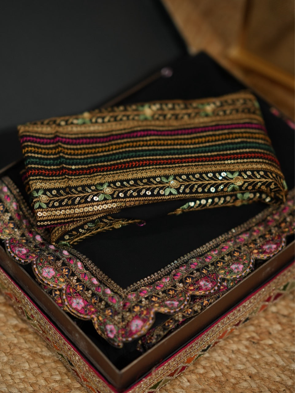 Aditi Black: Black Pure Georgette Handwork Saree with Black Georgette Multi Colour Thread Work Blouse