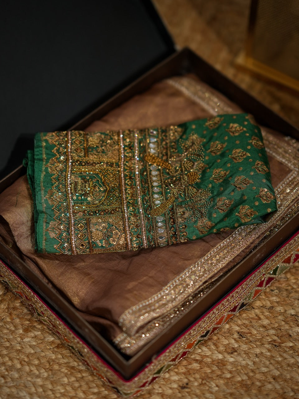 Golden Deepika: Golden Pure Silk Tissue Saree with Handwork and Green Handloom Pure Silk Brocade Blouse