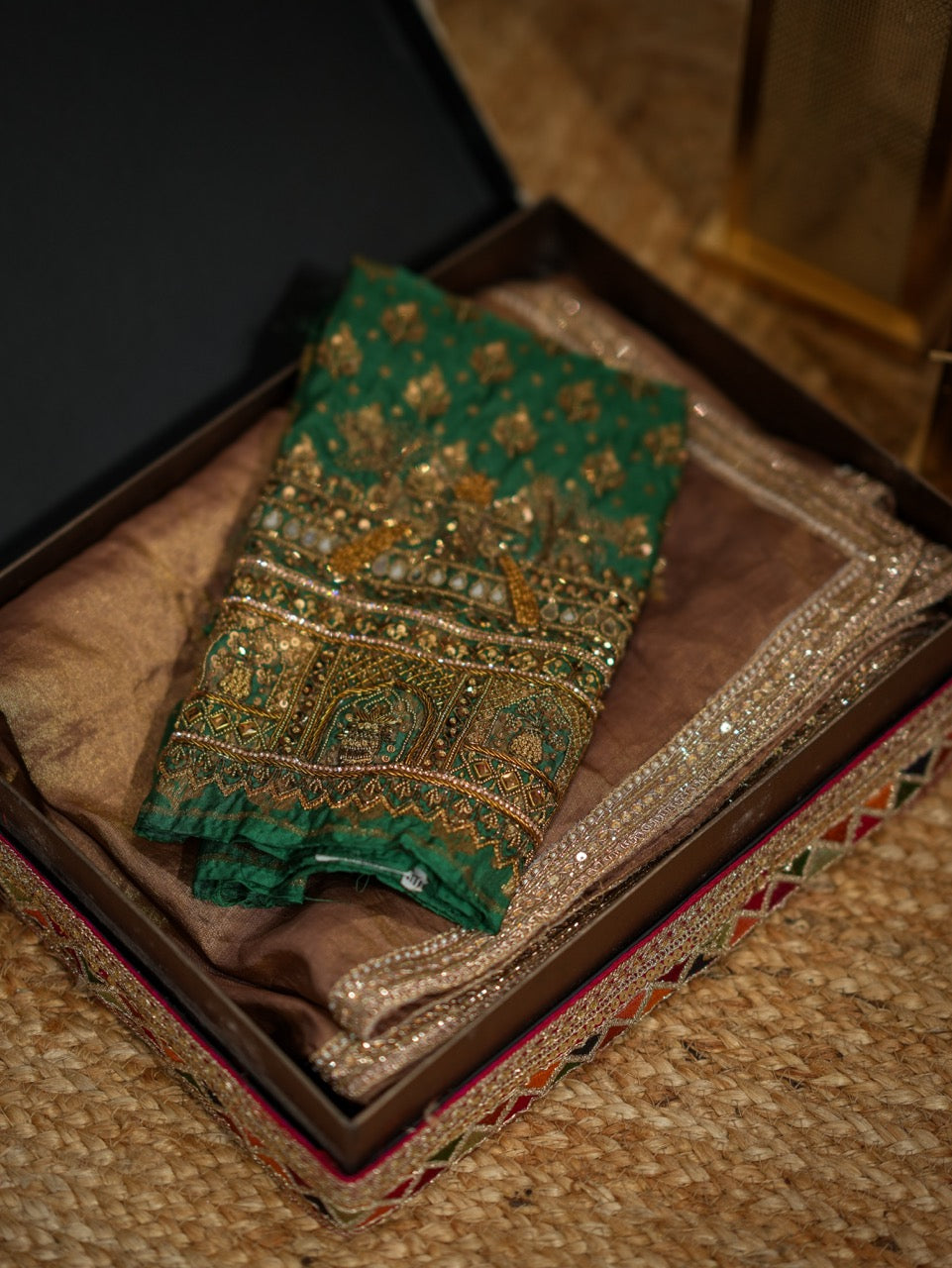 Golden Deepika: Golden Pure Silk Tissue Saree with Handwork and Green Handloom Pure Silk Brocade Blouse