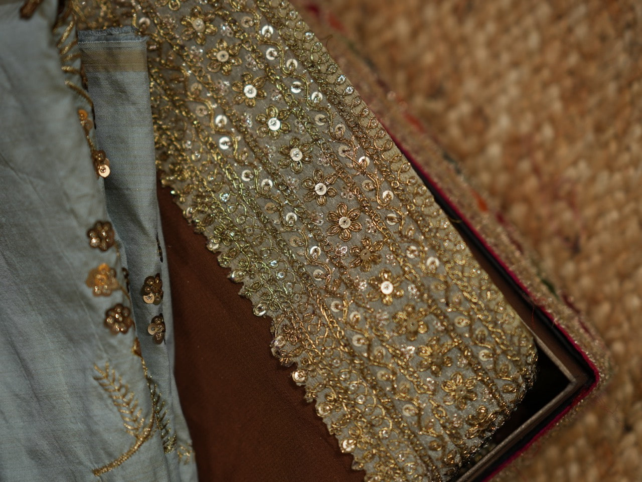 Dharani: Brown Georgette Saree with Steel Blue Raw Silk Blouse