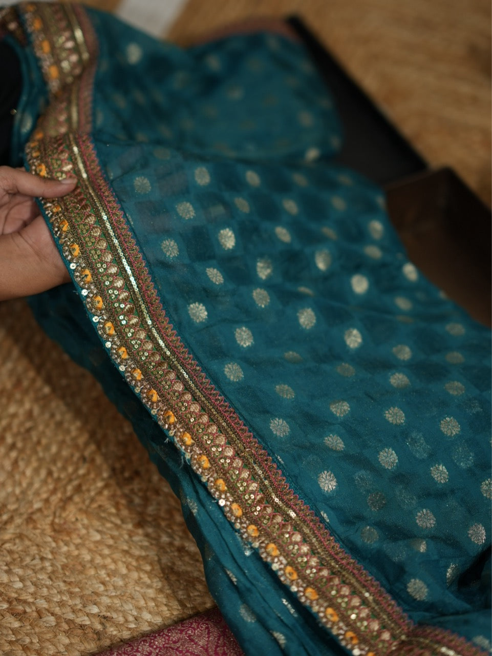 JUGNI: BLUE JUTE JACQUARD SAREE WITH PINK BROCADE BLOUSE