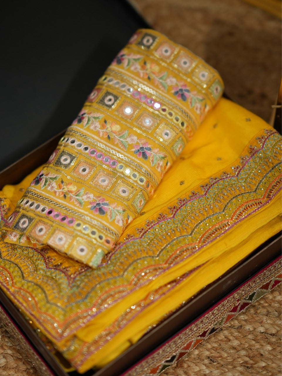 Mahi: Yellow Chinnon Saree with Yellow Georgette Blouse