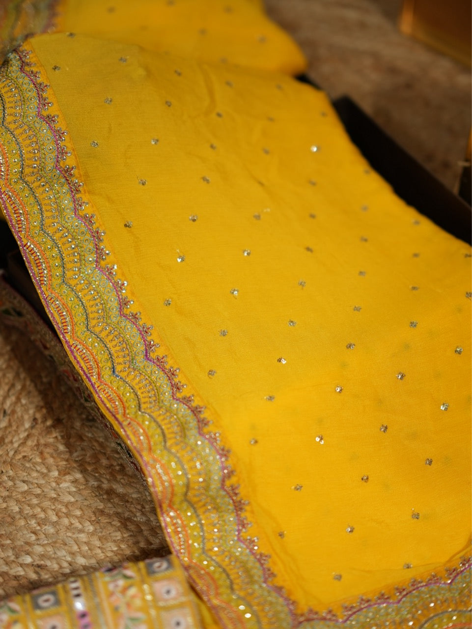 Mahi: Yellow Chinnon Saree with Yellow Georgette Blouse