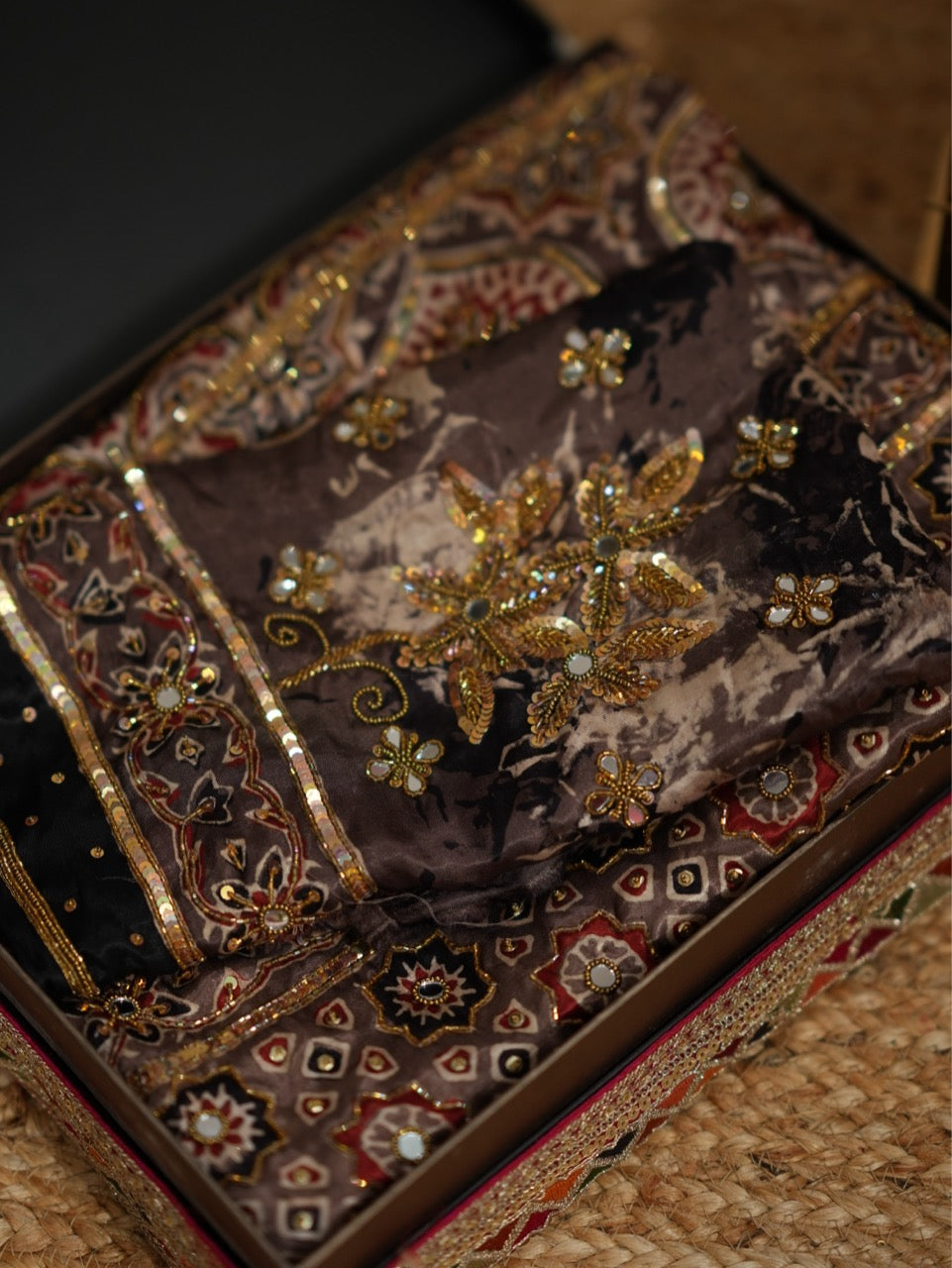 SAEBA: Brown Authentic Handblock Print Ajrakh Saree on Modal Satin with handwork on Saree and Blouse