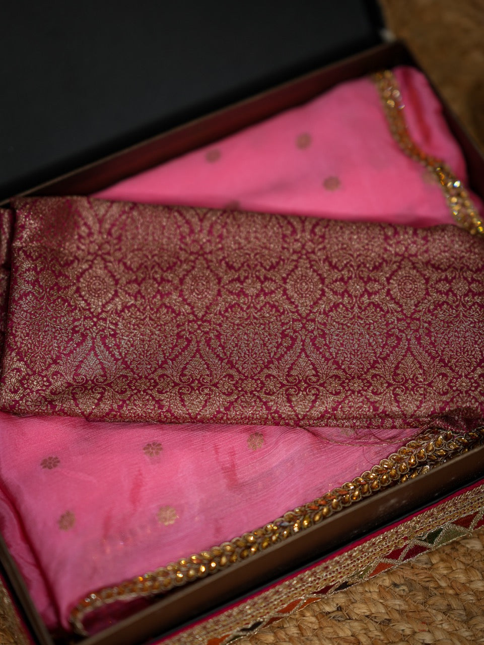Aditi: Pink Pure Silk Chiffon Saree with Pink Pure Silk Brocade Blouse
