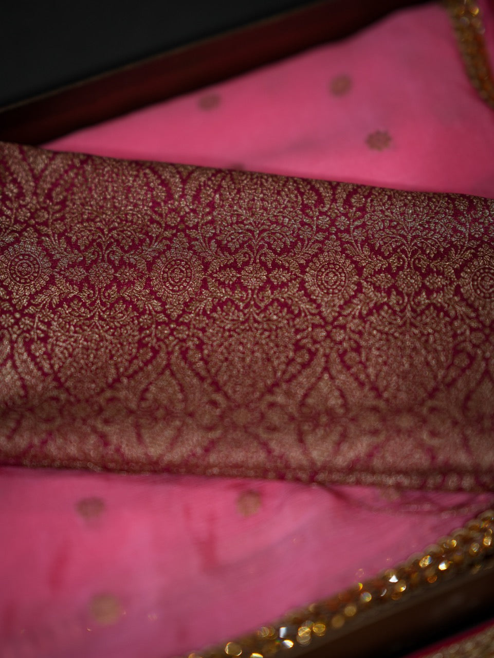 Aditi: Pink Pure Silk Chiffon Saree with Pink Pure Silk Brocade Blouse
