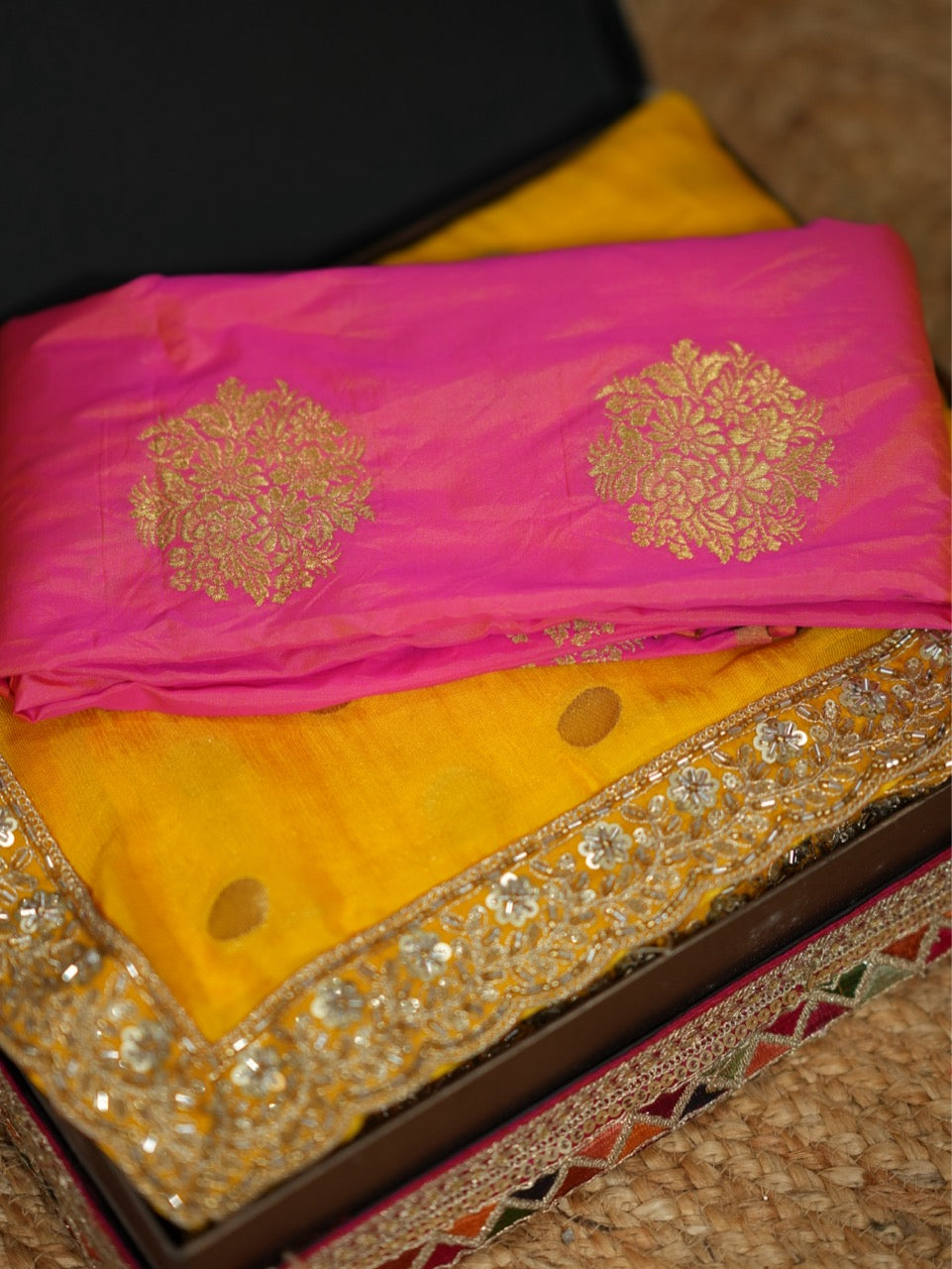 Yellow Kareena: Yellow Jute Jacquard Saree with Pink Brocade Blouse