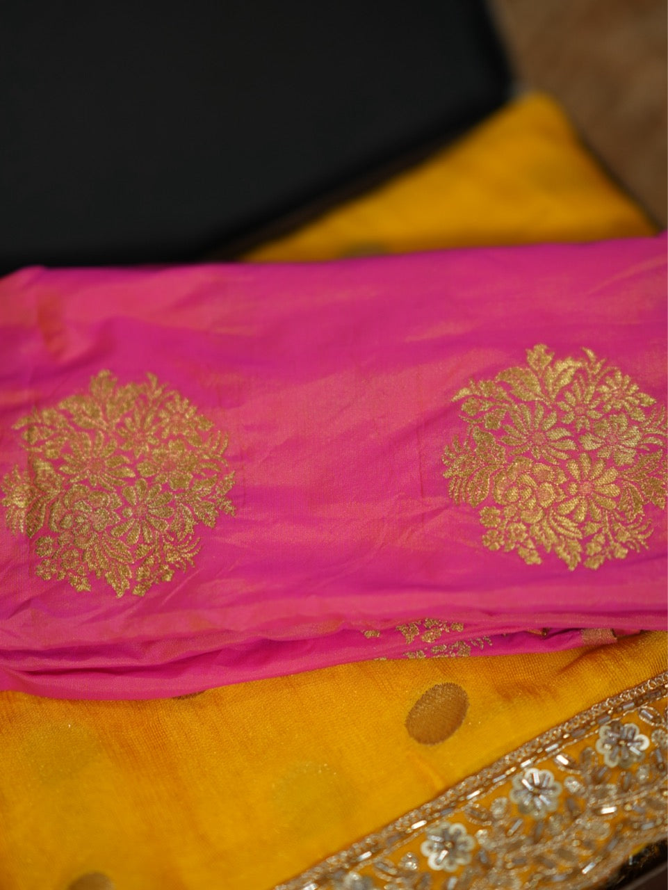 Yellow Kareena: Yellow Jute Jacquard Saree with Pink Brocade Blouse