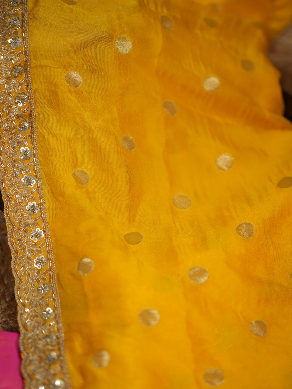 Yellow Kareena: Yellow Jute Jacquard Saree with Pink Brocade Blouse