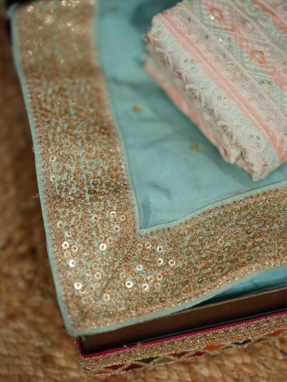 Aqua: Blue Chinnon Saree with Georgette Blouse