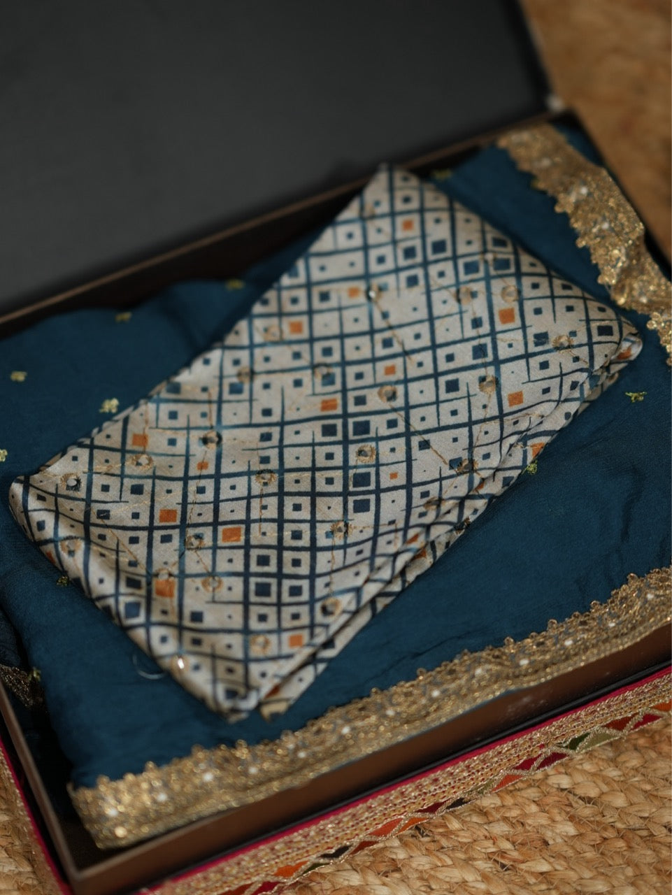 Amiya: Blue Deep Teal Chinnon Saree with Semi Silk Blouse