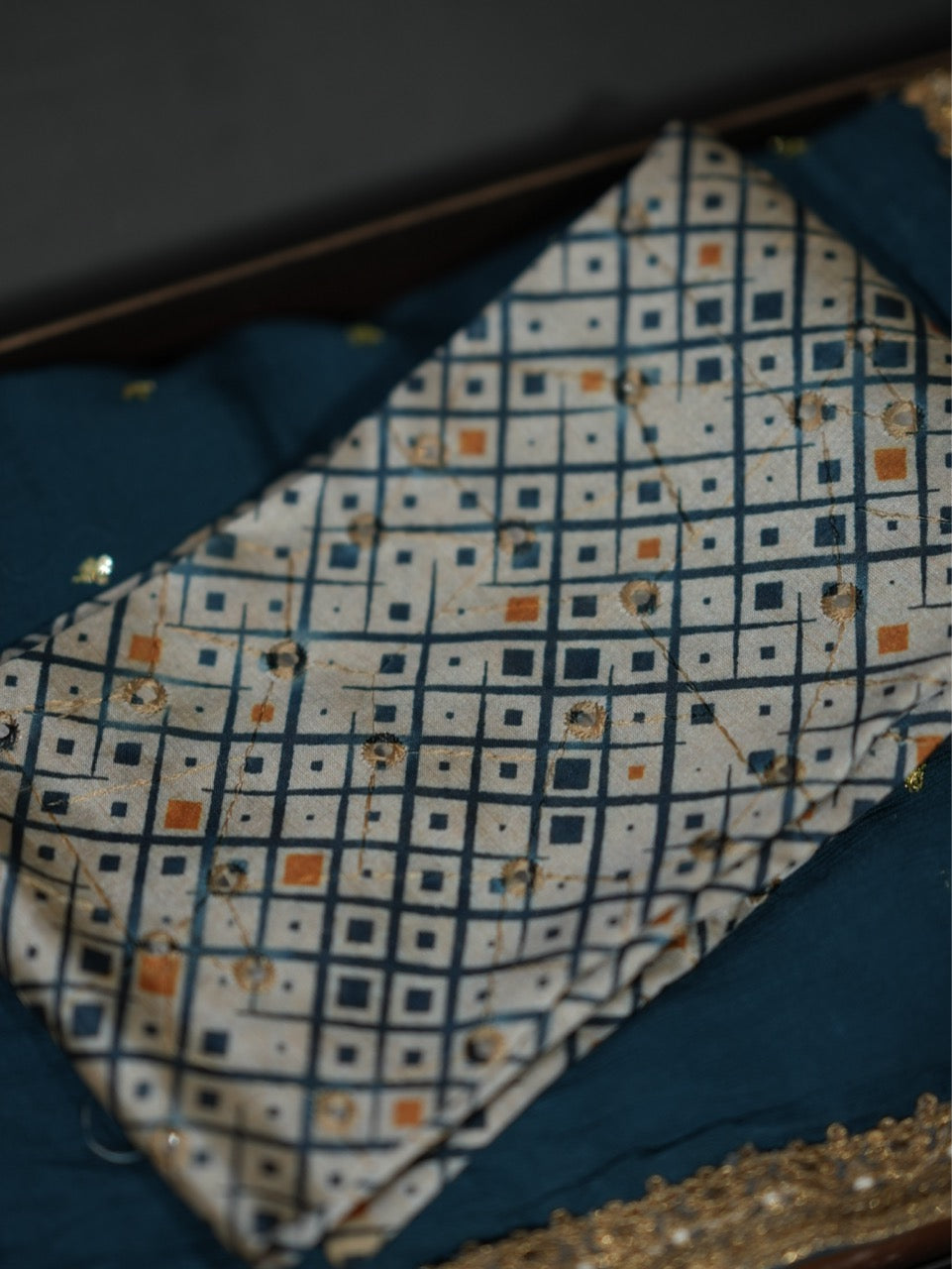 Amiya: Blue Deep Teal Chinnon Saree with Semi Silk Blouse