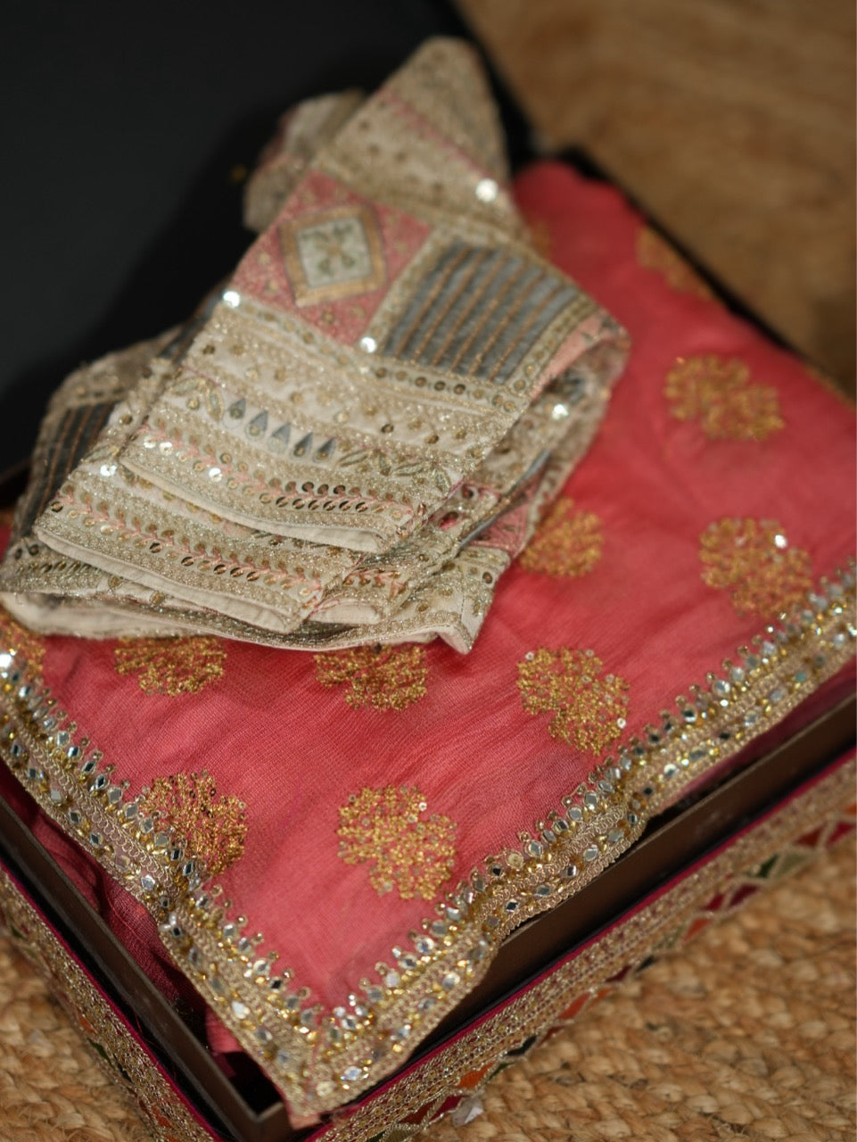 REET: Orange Jute Uppada Saree with Raw Silk INtricate WORK Blouse