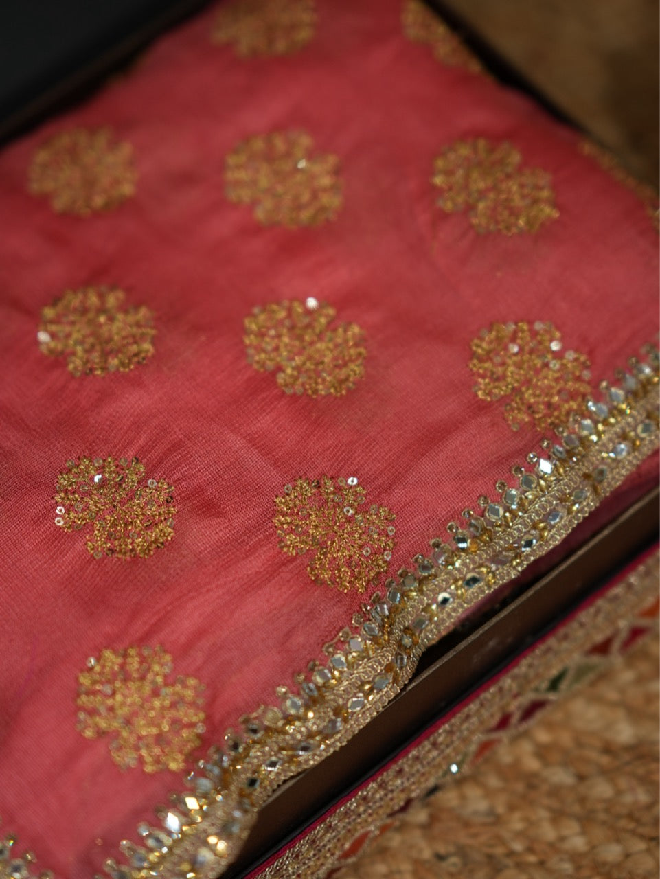 REET: Orange Jute Uppada Saree with Raw Silk INtricate WORK Blouse