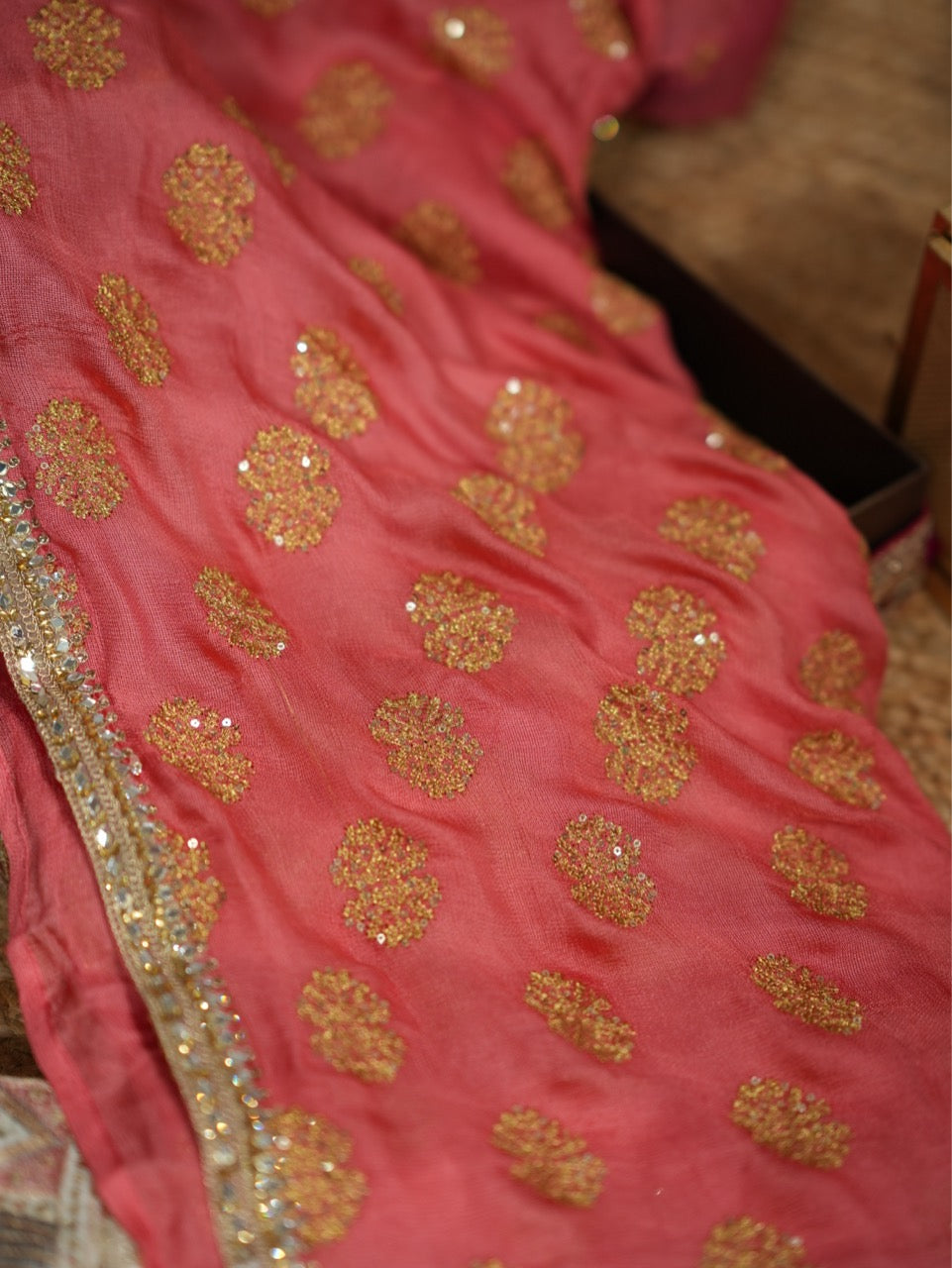 REET: Orange Jute Uppada Saree with Raw Silk INtricate WORK Blouse