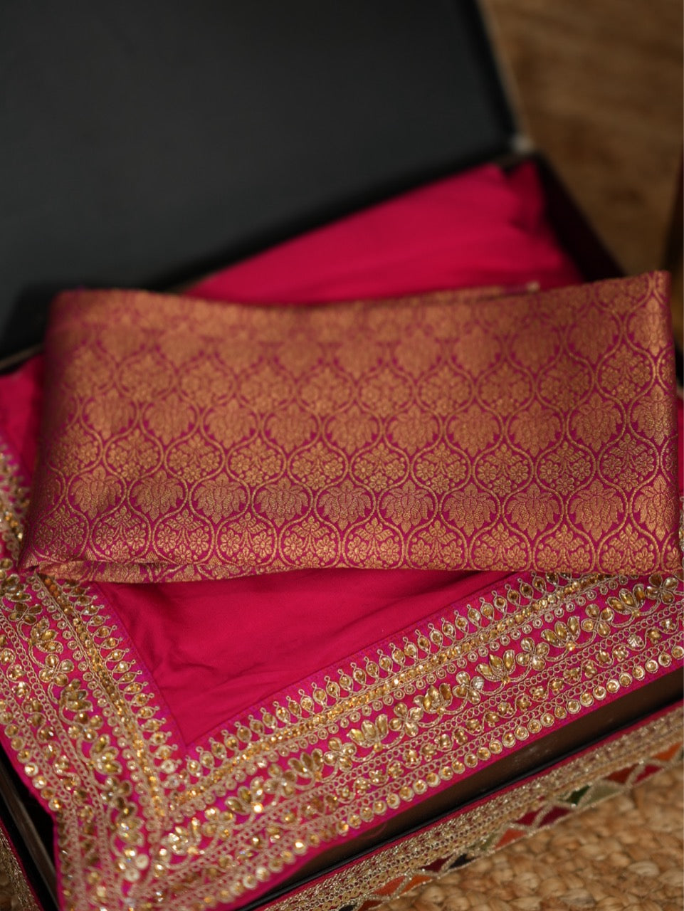 Hoor: Pink Satin Saree with Pink Brocade Blouse