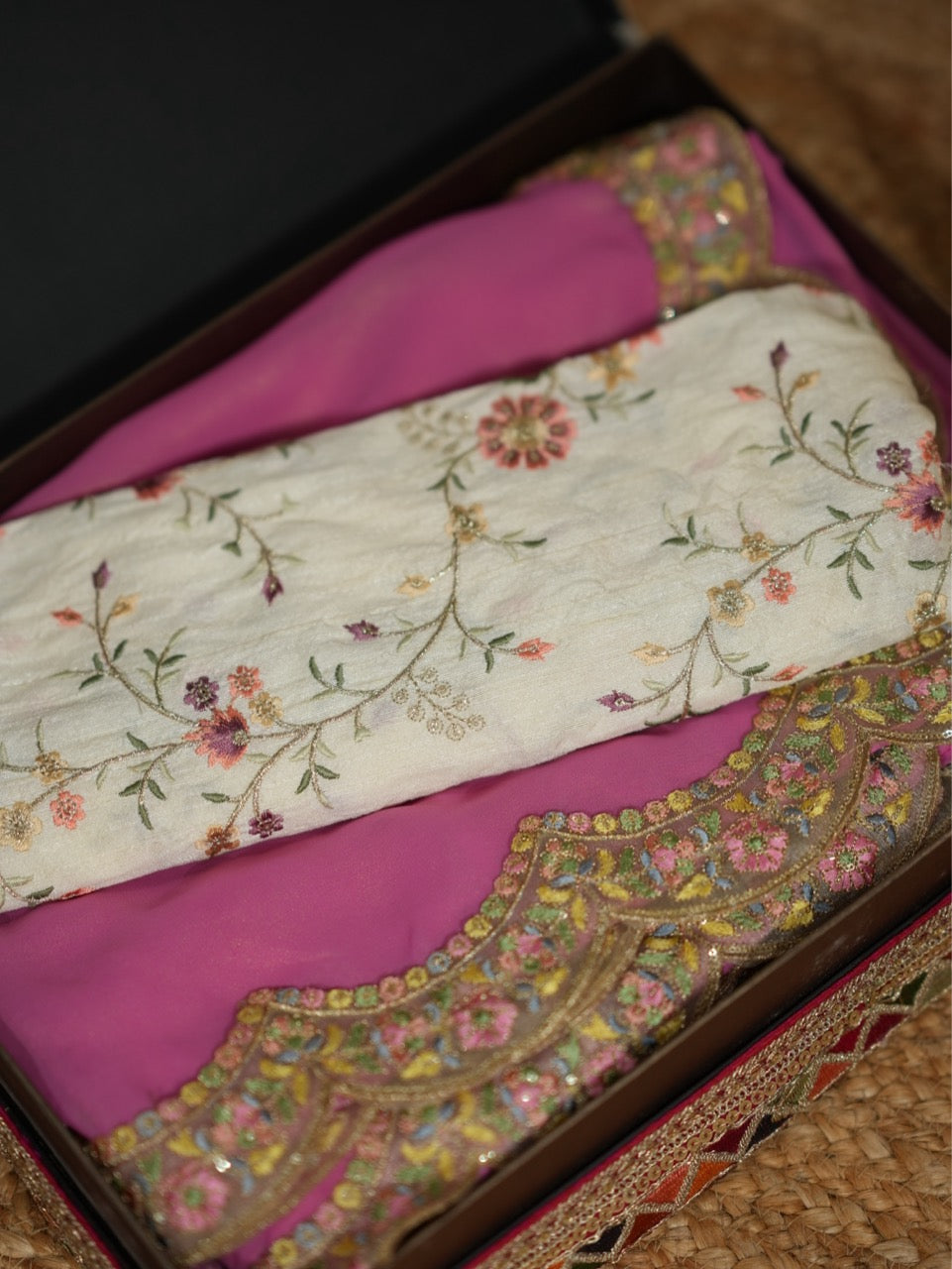 Bloom: Pink Pure Silk Crepe Saree with Off White Floral Raw Silk Blouse