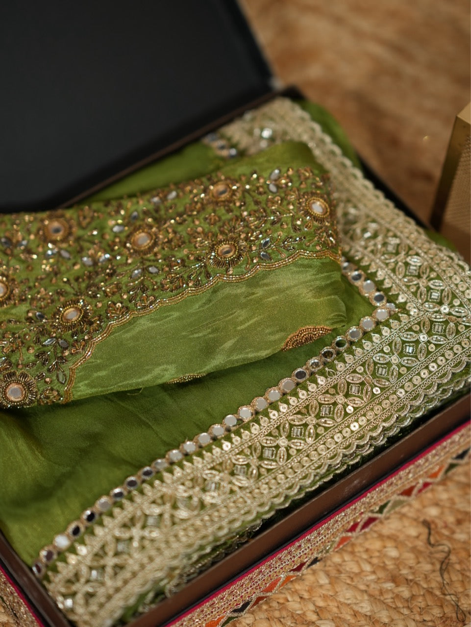 Ananya: Green Pure Tissue Saree with Handwork Blouse and Handwork Latkans