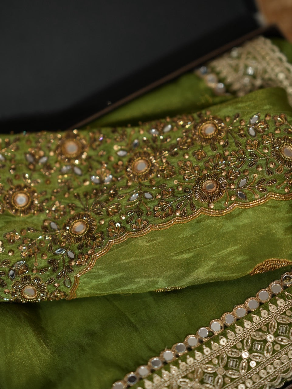 Ananya: Green Pure Tissue Saree with Handwork Blouse and Handwork Latkans