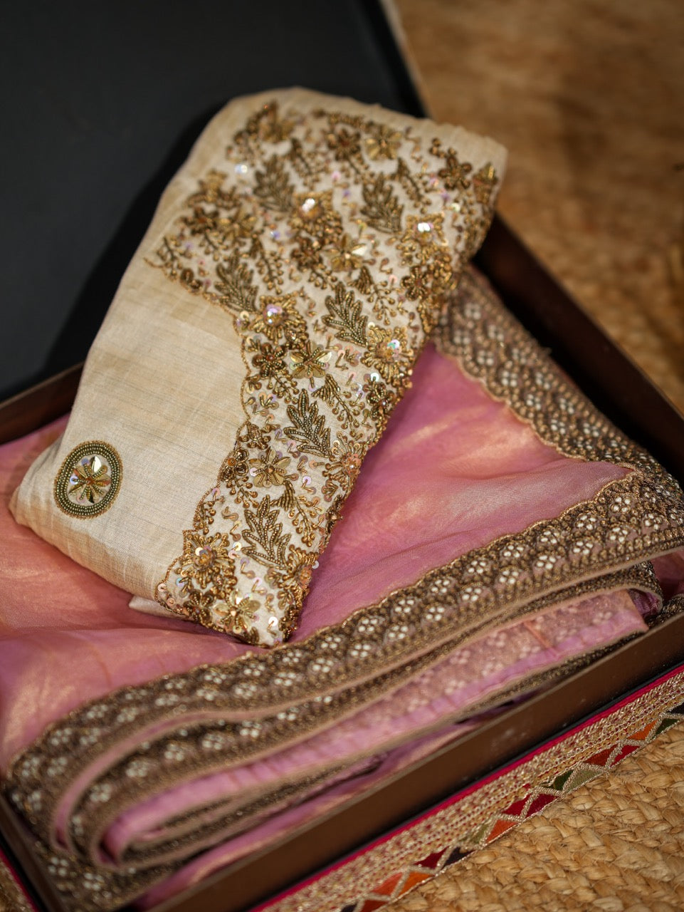 Janhvi: Pink Pure Silk Tissue Saree with Pure Raw Silk Handwork Blouse