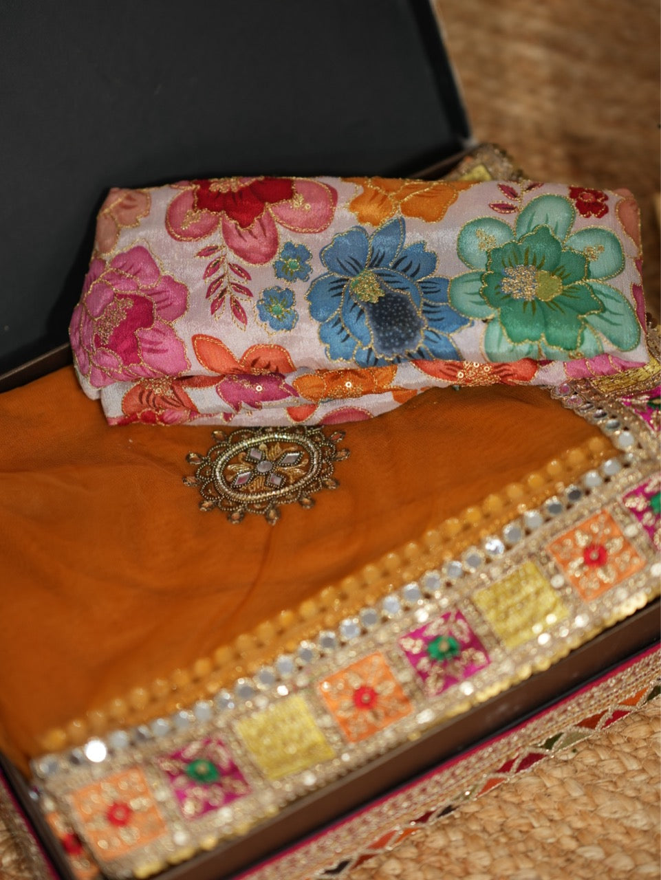 Katrina: Orange Soft Net Saree with Hand work and Multi Colour Pure Georgette Blouse