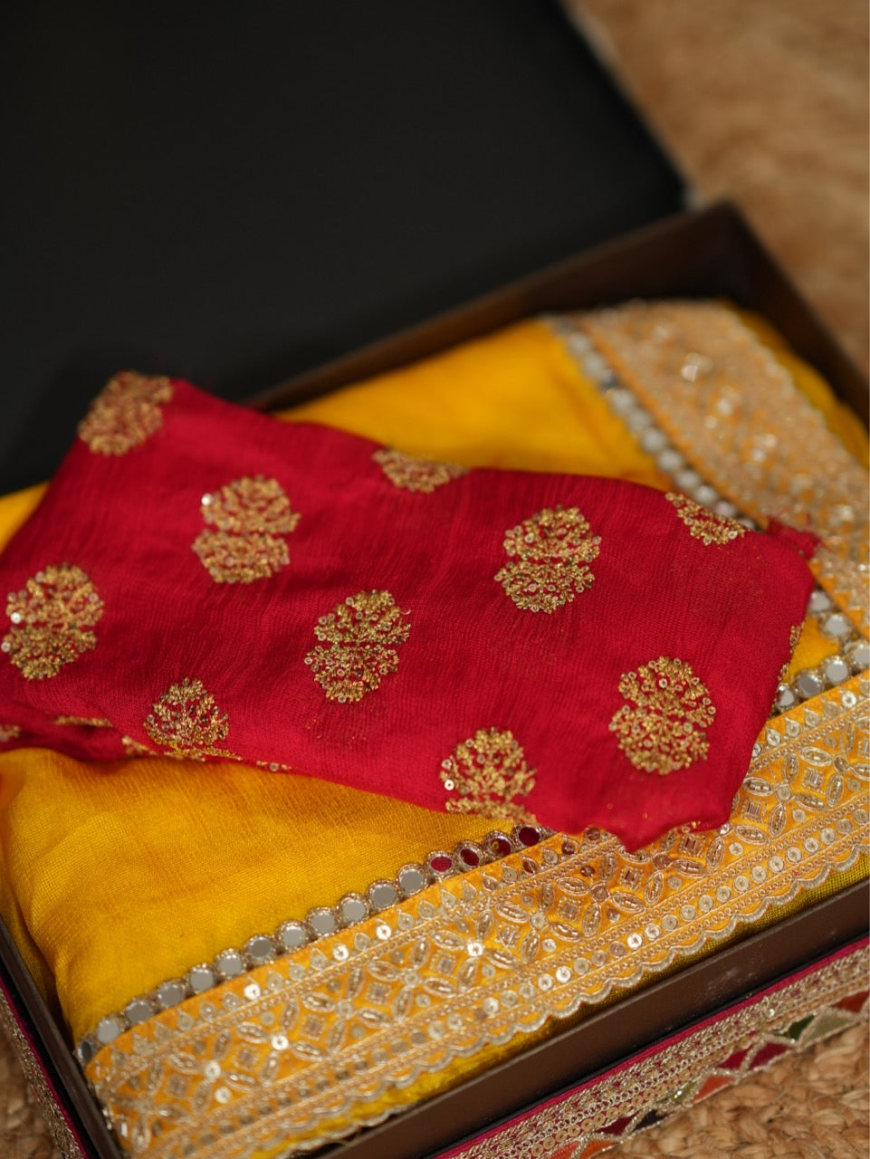 Haldi Kumkum: Yellow Jute Uppada saree with handwork and red jute uppada blouse