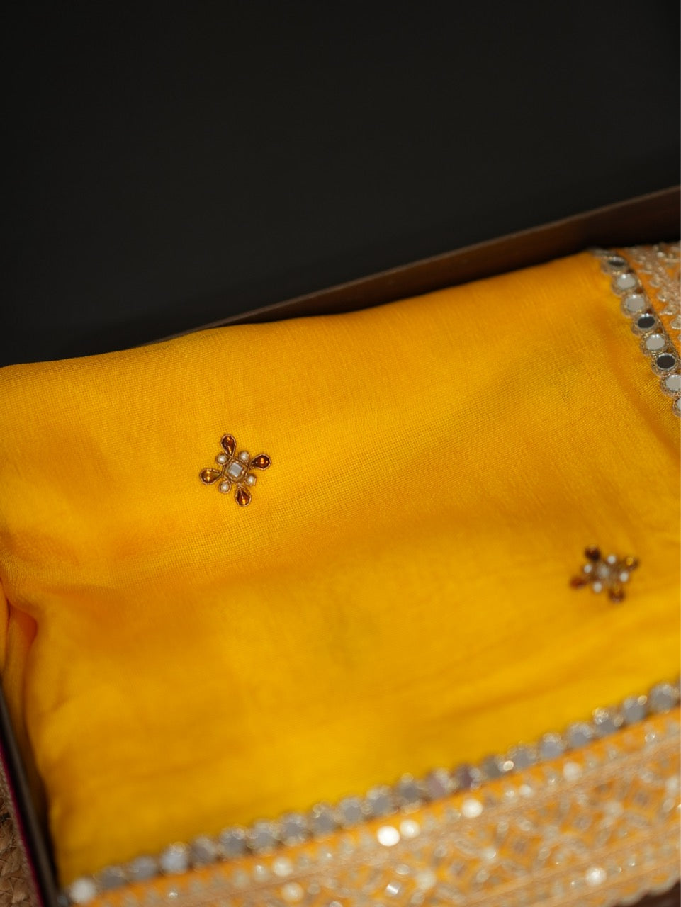 Haldi Kumkum: Yellow Jute Uppada saree with handwork and red jute uppada blouse