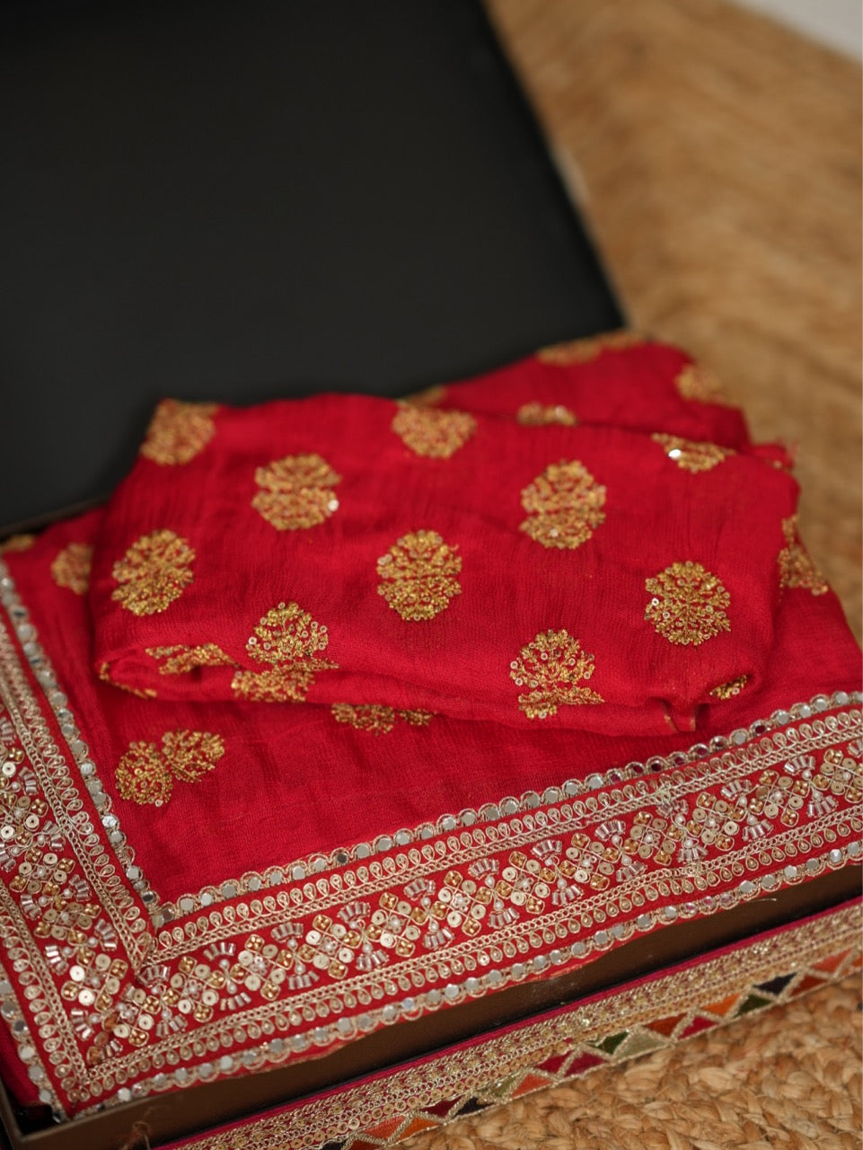 LAILA: Red Jute Uppada Saree with self blouse