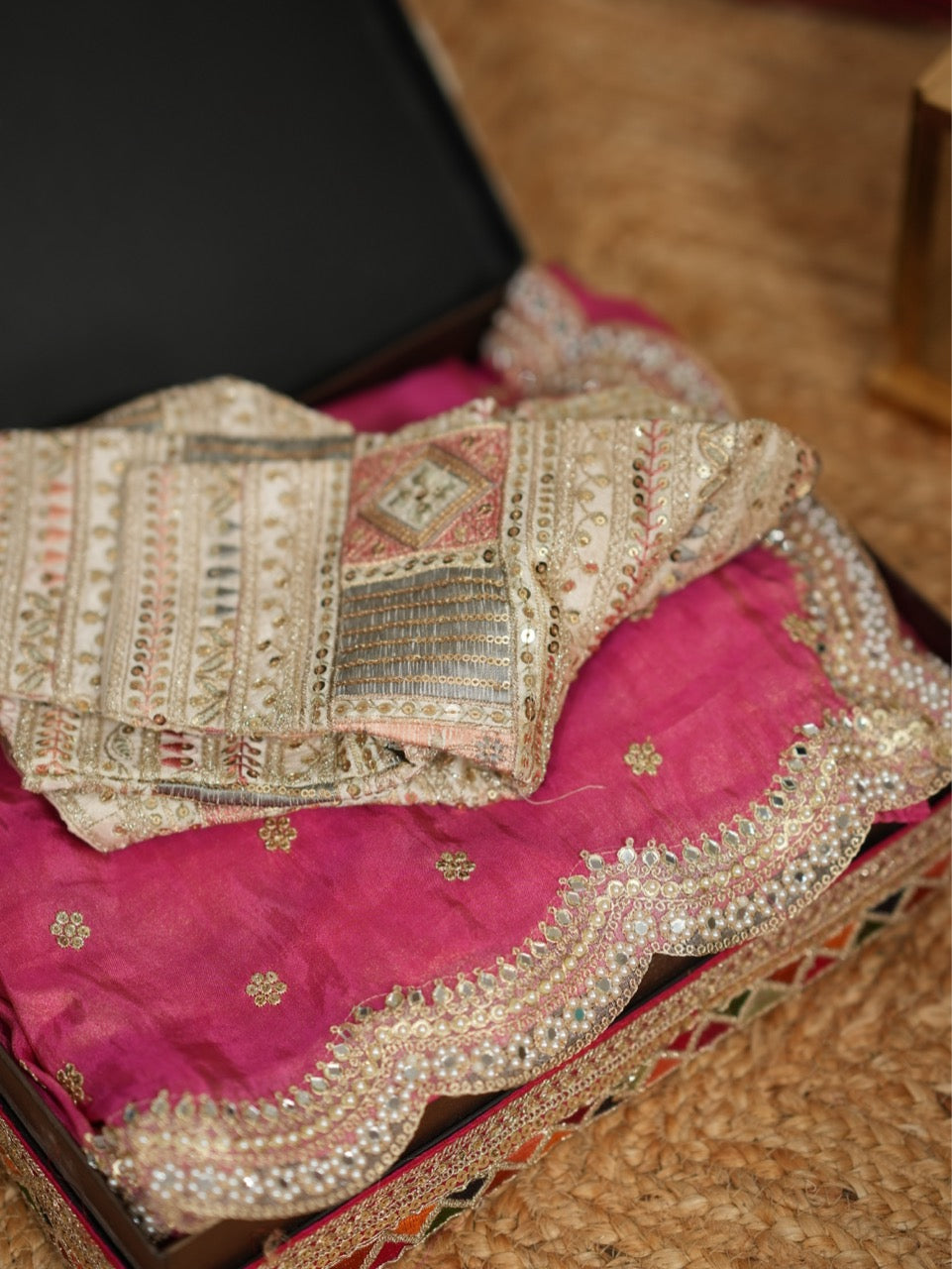 Katrina Pink: Pink Tissue Saree with heavy embroidered off white Raw Silk Blouse