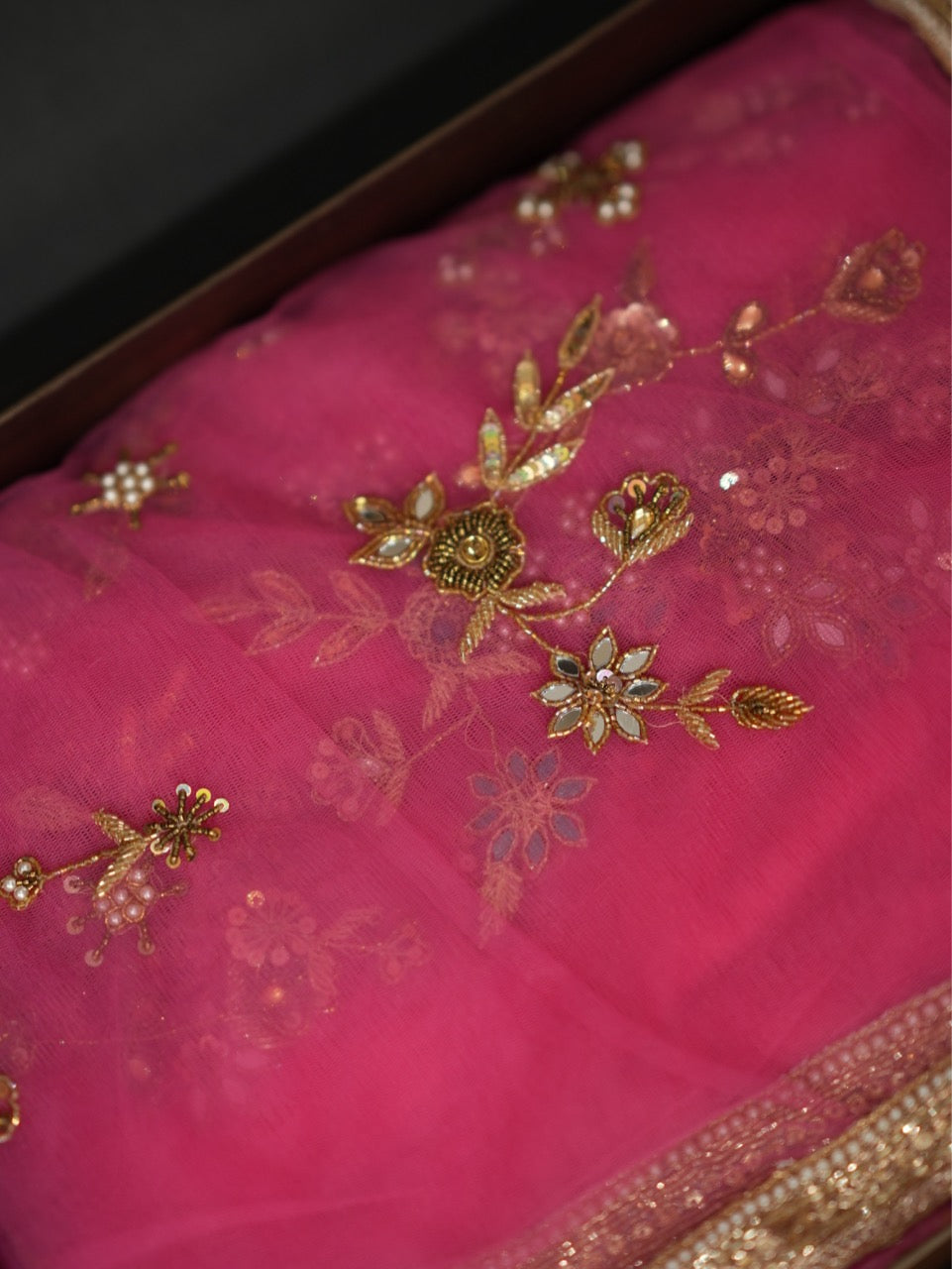 Firdaus: Pink Softnet Handwork Bridal/Bridesmaid Saree with Golden Shimmer Sequins Blouse