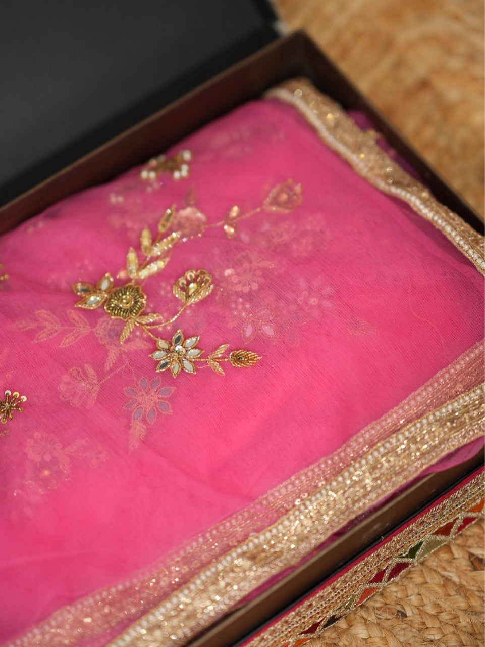 Firdaus: Pink Softnet Handwork Bridal/Bridesmaid Saree with Golden Shimmer Sequins Blouse