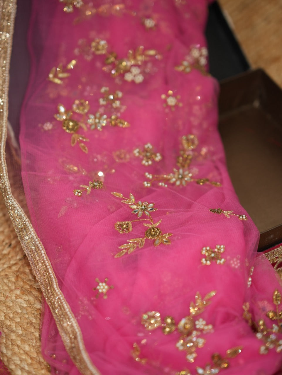 Firdaus: Pink Softnet Handwork Bridal/Bridesmaid Saree with Golden Shimmer Sequins Blouse