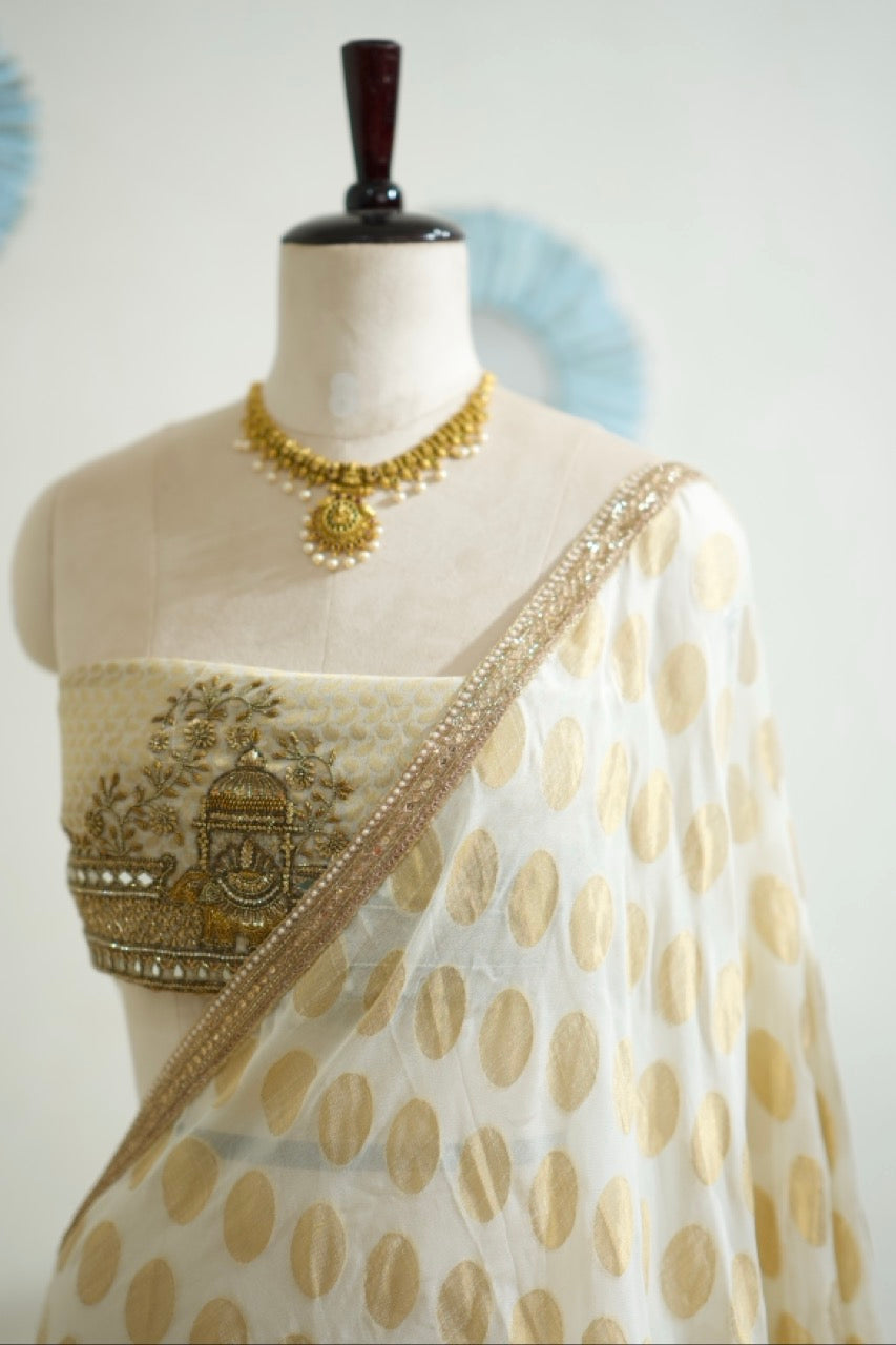 Chitra: Ivory Pure Silk Crepe Saree with Pure Silk Handwoven Brocade Blouse with Handwork