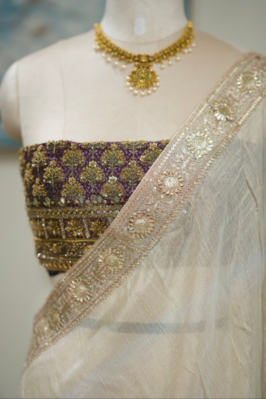 Orchid: Pure Off White Tissue Chiffon Saree with Purple Handwoven Blouse with Handwork