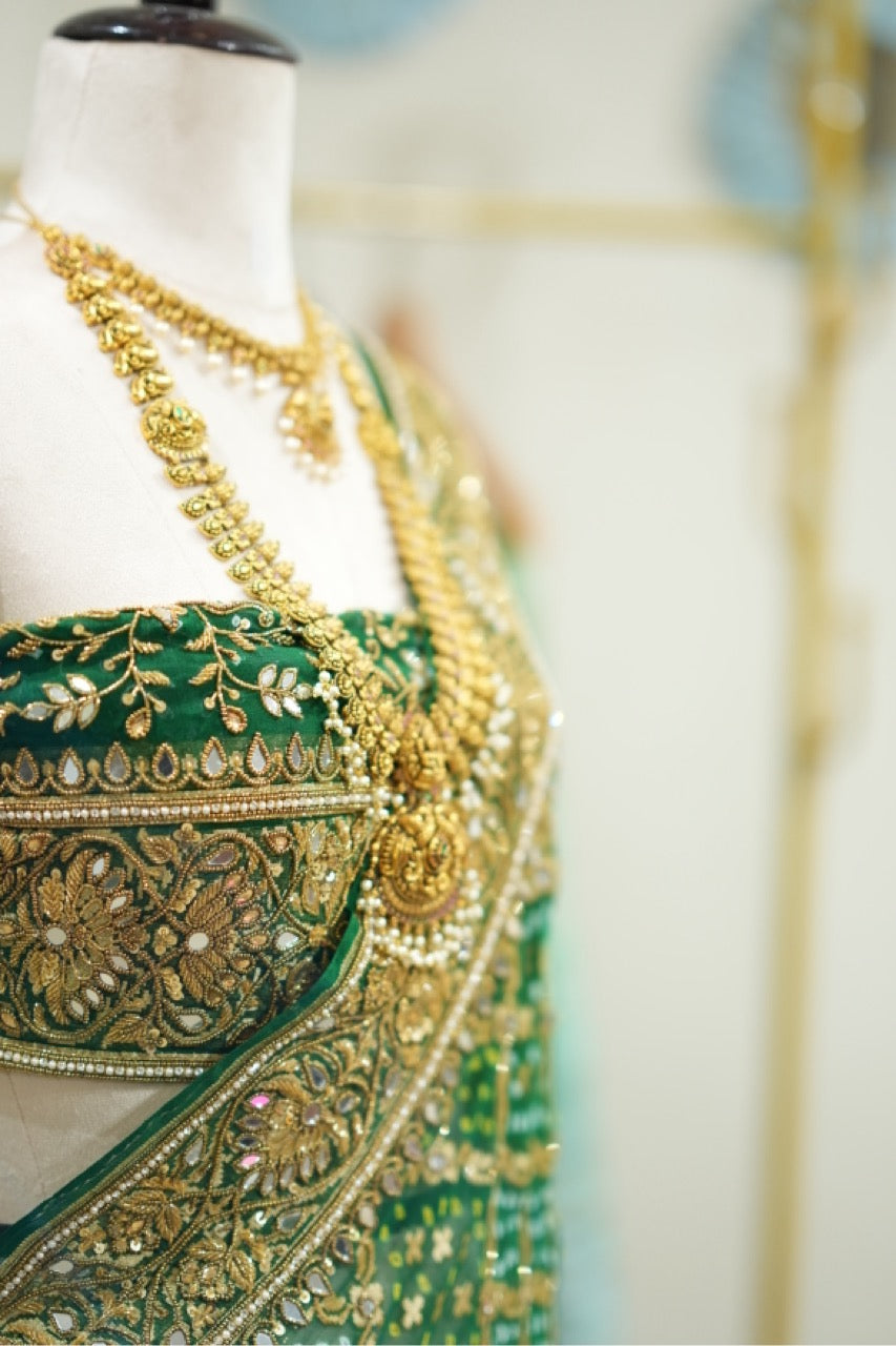 Akanksha : Green Pure Silk Handwoven Bandhani with handwork and Self Blouse with Handwork