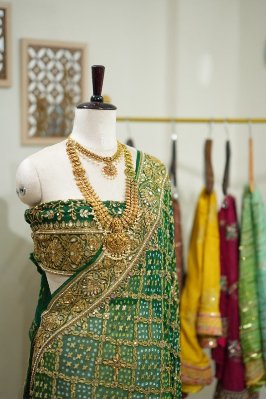 Akanksha : Green Pure Silk Handwoven Bandhani with handwork and Self Blouse with Handwork