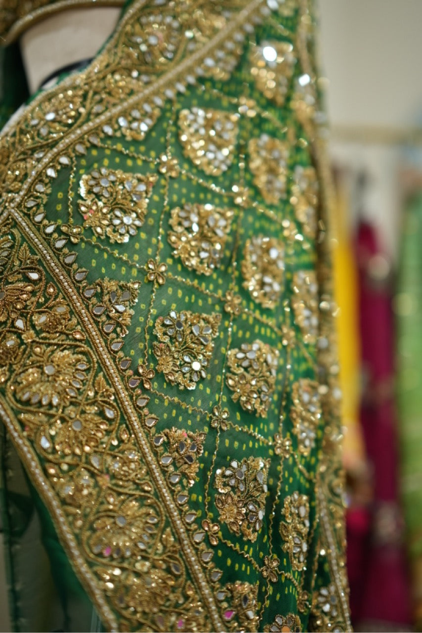 Akanksha : Green Pure Silk Handwoven Bandhani with handwork and Self Blouse with Handwork