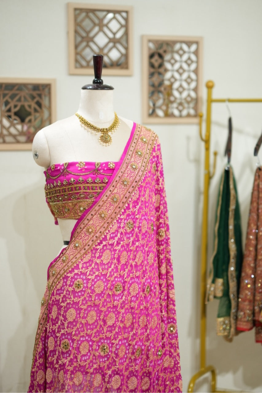 Priyadarshini: Pure Silk Pink Handwoven Bandhni Saree with Handwork and Self Blouse
