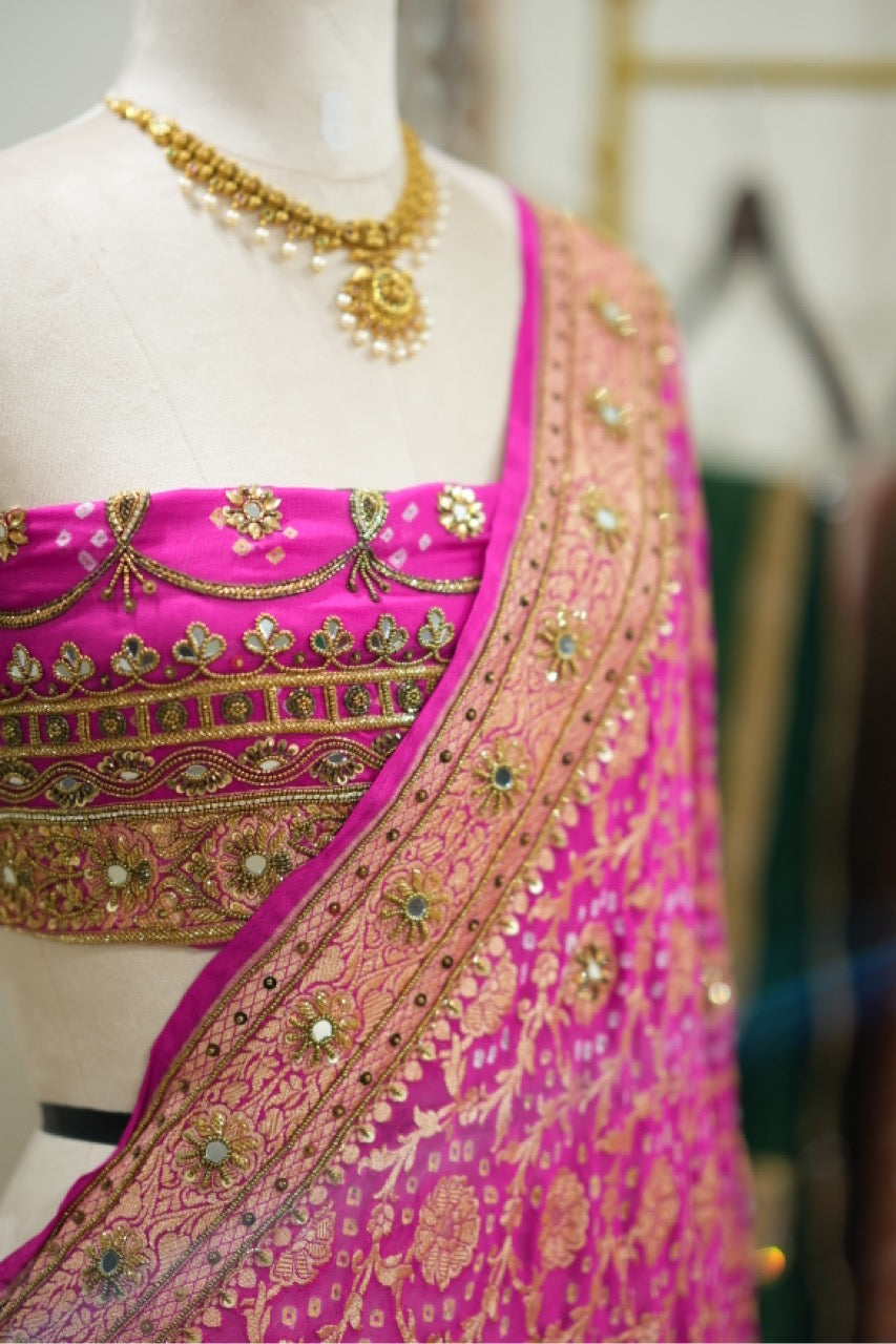 Priyadarshini: Pure Silk Pink Handwoven Bandhni Saree with Handwork and Self Blouse