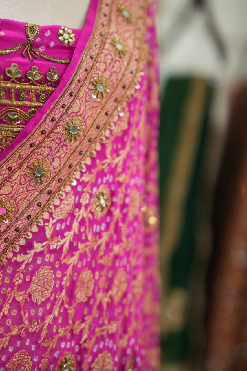 Priyadarshini: Pure Silk Pink Handwoven Bandhni Saree with Handwork and Self Blouse