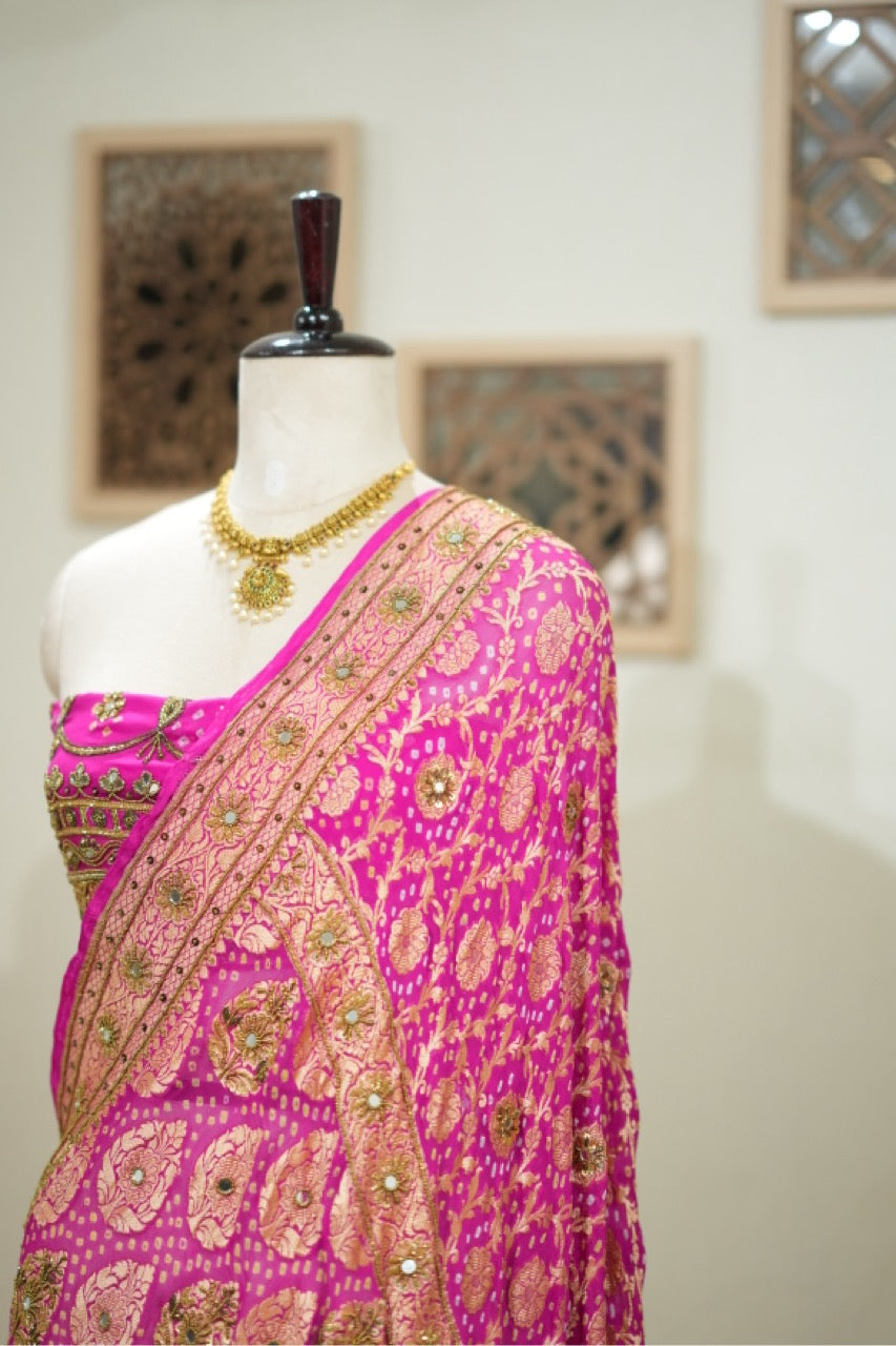 Priyadarshini: Pure Silk Pink Handwoven Bandhni Saree with Handwork and Self Blouse