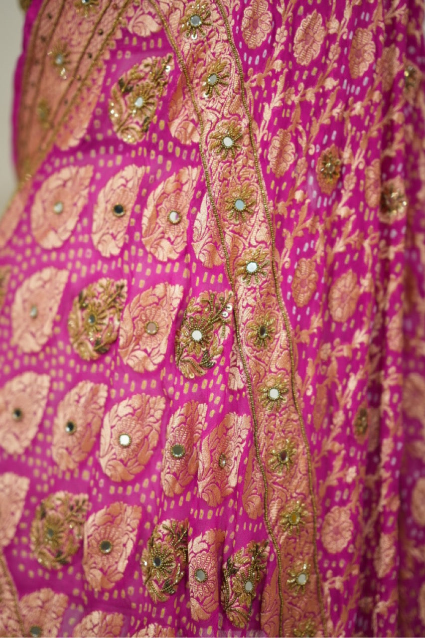 Priyadarshini: Pure Silk Pink Handwoven Bandhni Saree with Handwork and Self Blouse
