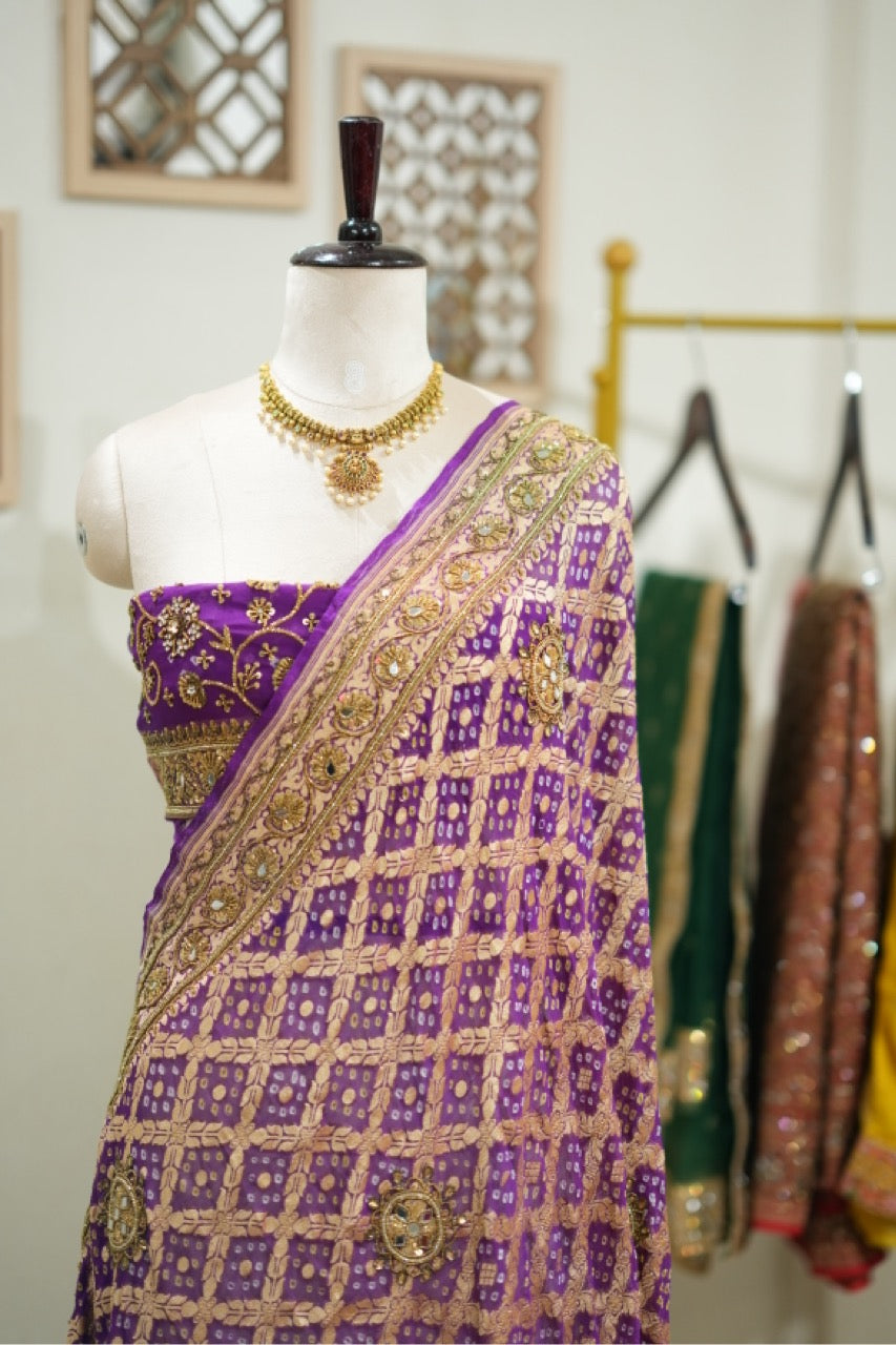 Mehak: Pure Silk Purple Handwoven Bandhni Saree with Handwork and Self Blouse