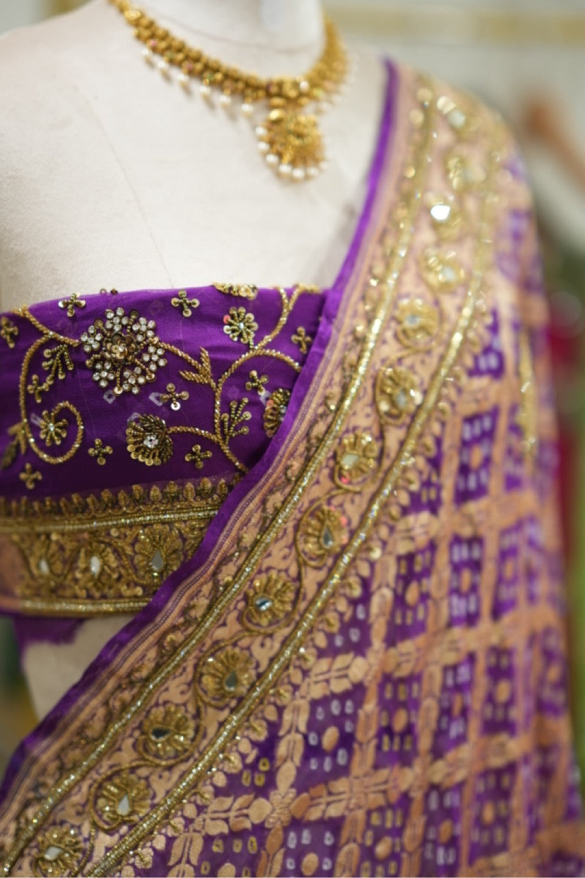 Mehak: Pure Silk Purple Handwoven Bandhni Saree with Handwork and Self Blouse