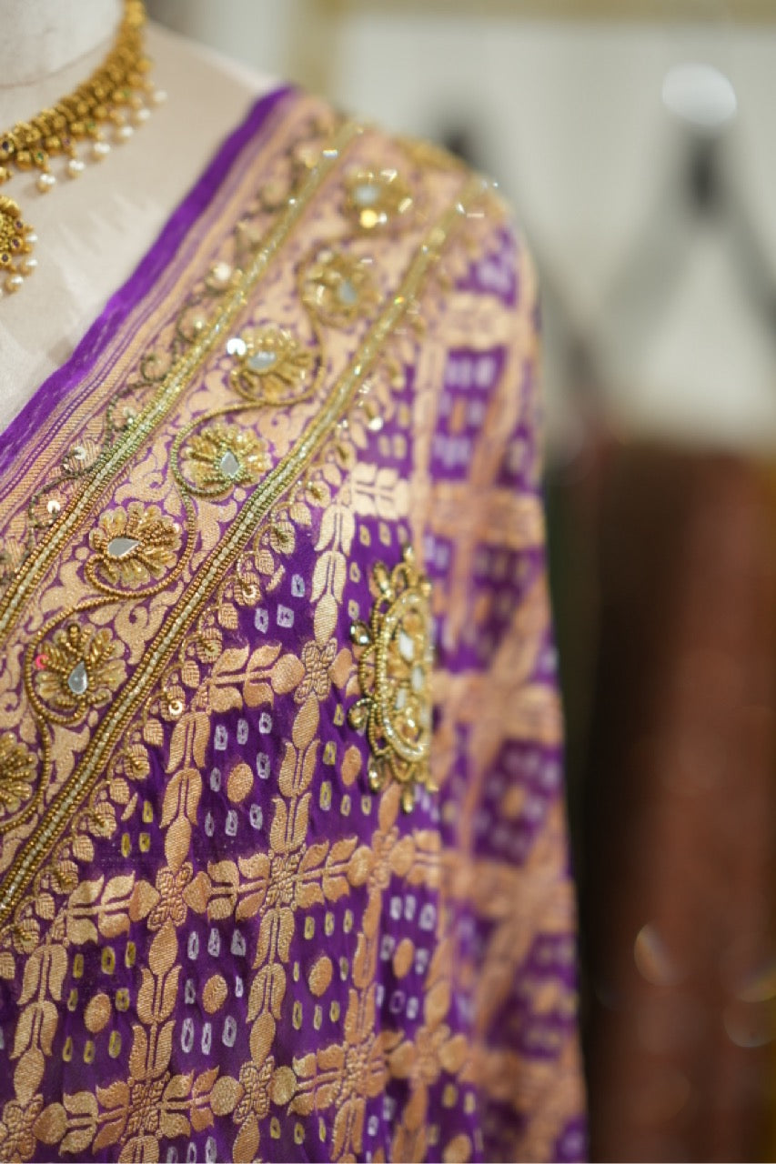 Mehak: Pure Silk Purple Handwoven Bandhni Saree with Handwork and Self Blouse