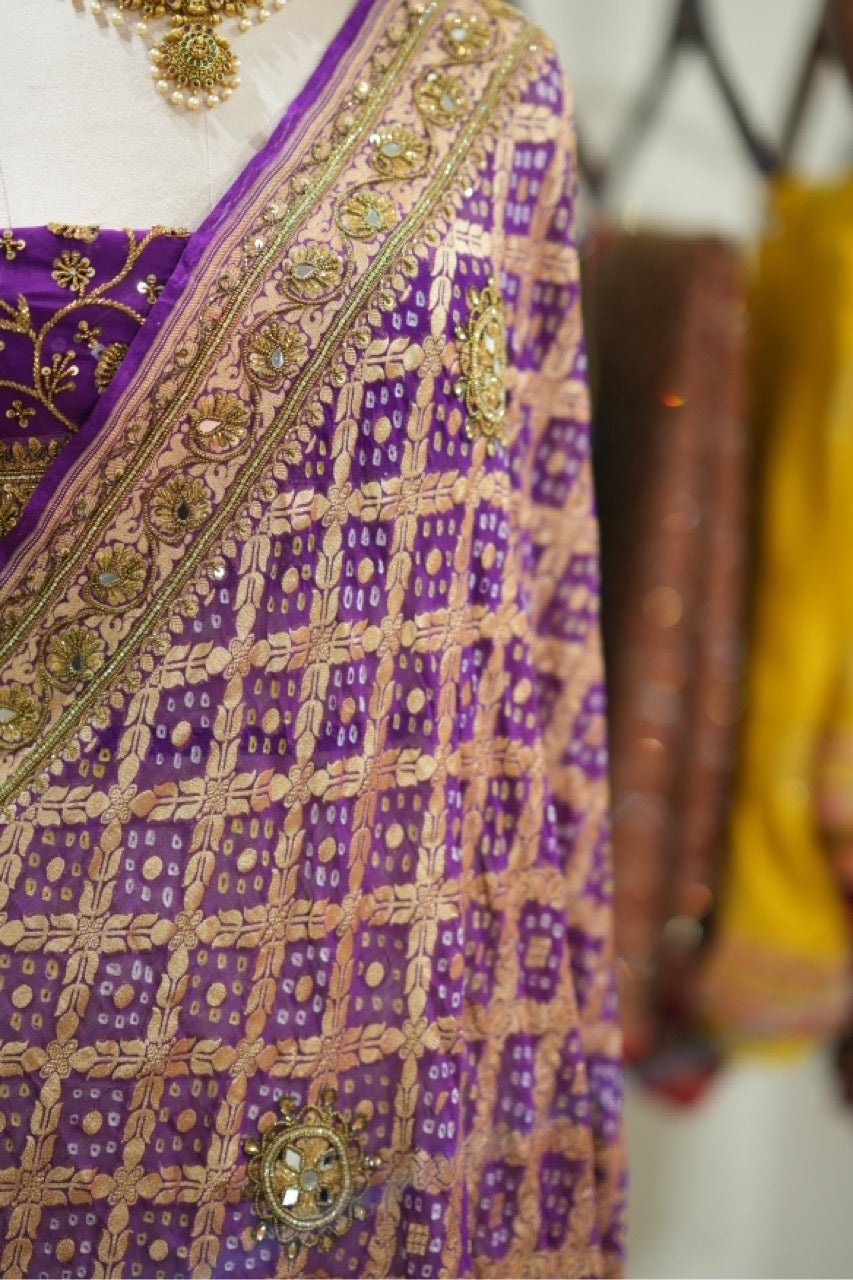 Mehak: Pure Silk Purple Handwoven Bandhni Saree with Handwork and Self Blouse