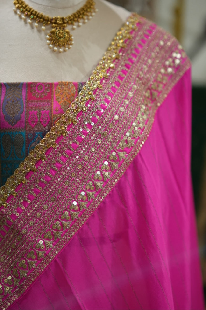 Dahlia: Pure Silk Chiffon Saree with Brocade Blouse