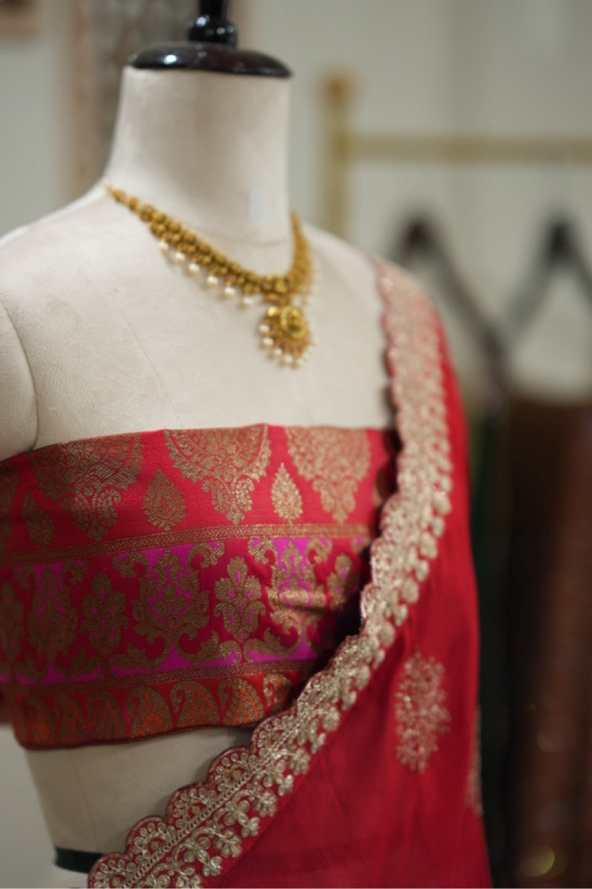 Blooming Love: Red Uppada Designer Saree with multicolour brocade blouse