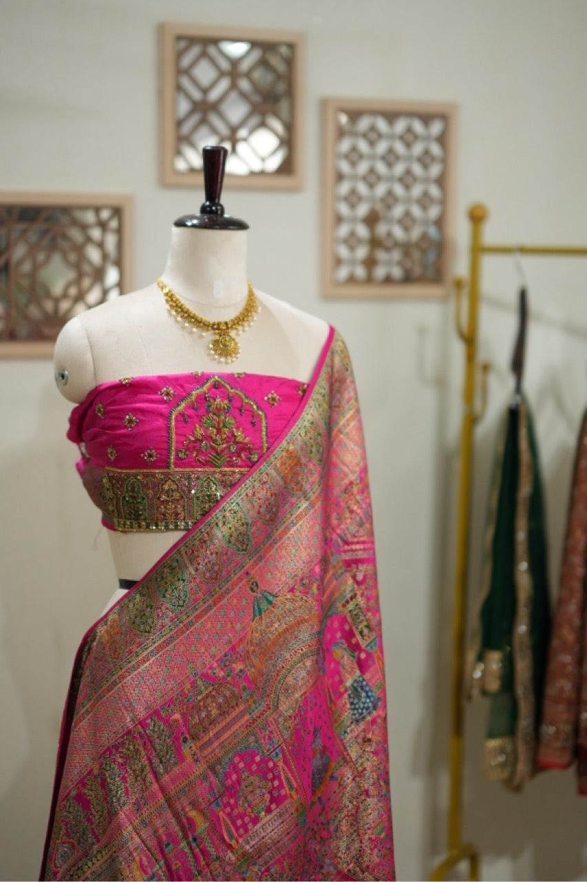Koshur Gulab: Pink Pashmina Saree with Handwork on Blouse